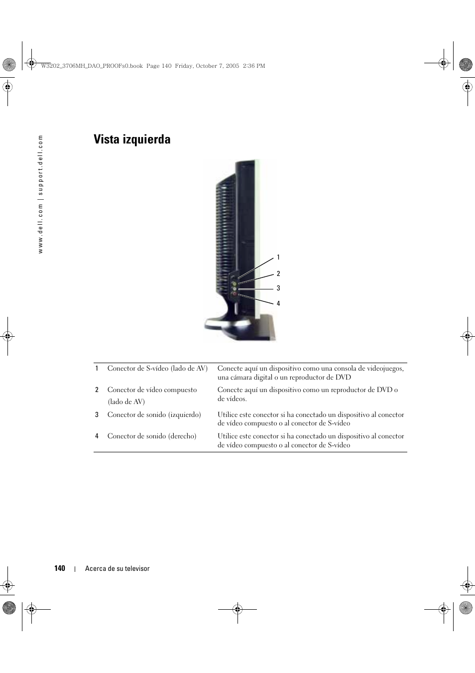 Vista izquierda | Dell LCD TV W3706MH User Manual | Page 140 / 204