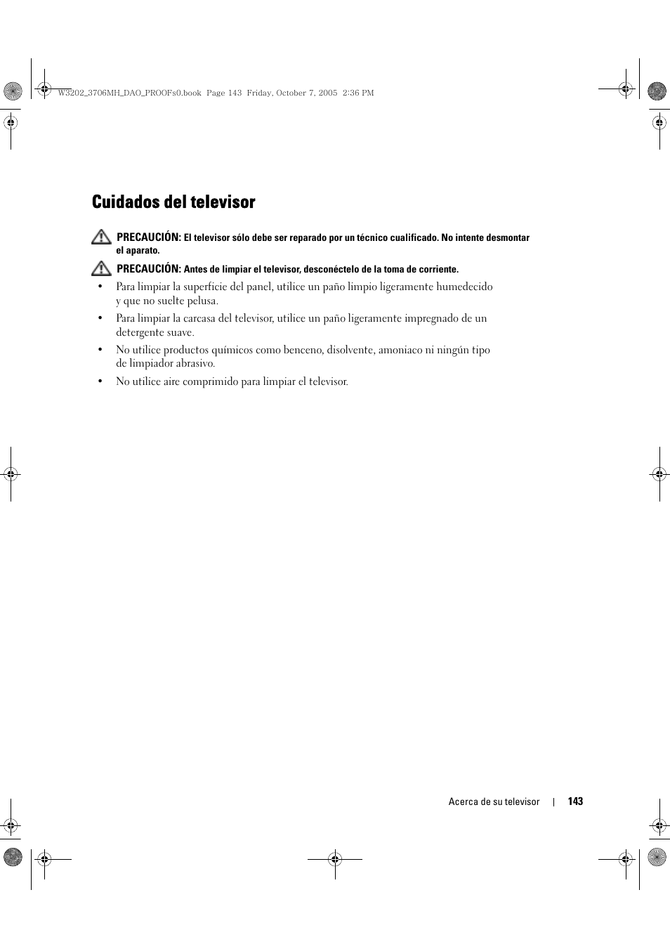 Cuidados del televisor | Dell LCD TV W3706MH User Manual | Page 143 / 204