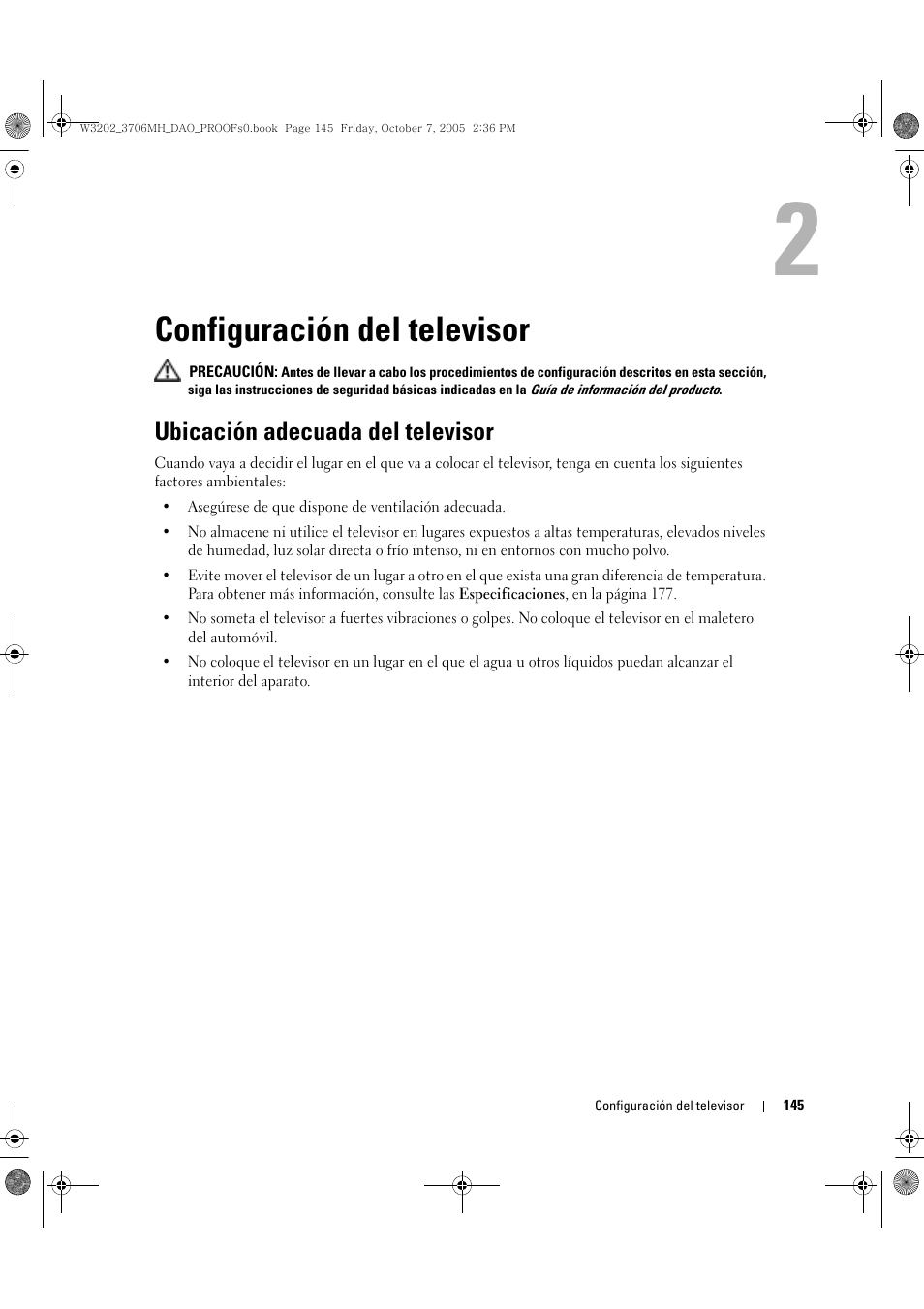 Configuración del televisor, Ubicación adecuada del televisor, 2 configuración del televisor | Dell LCD TV W3706MH User Manual | Page 145 / 204