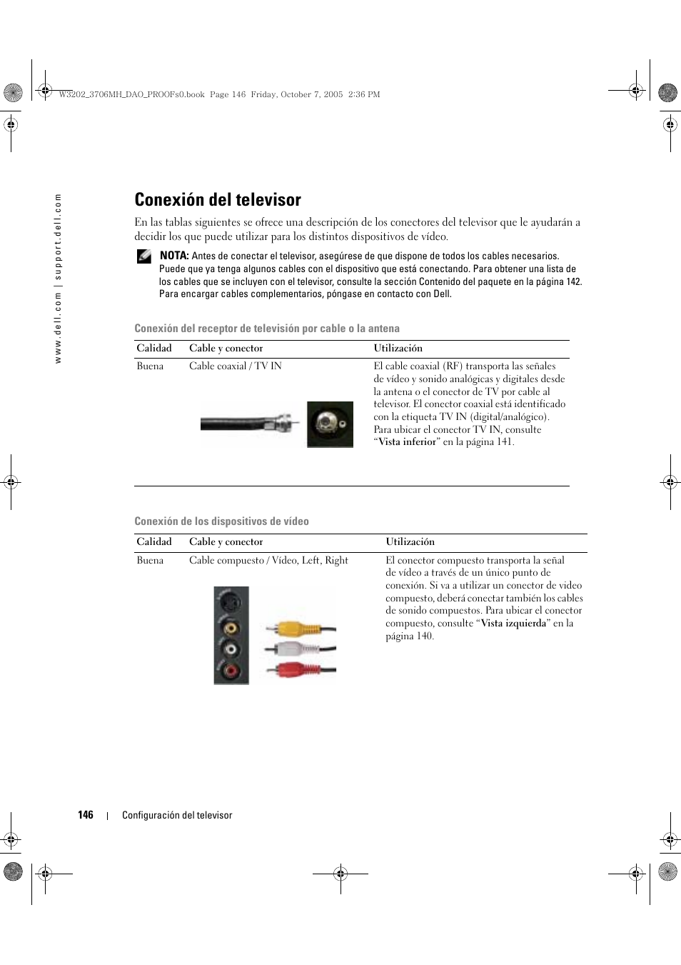 Conexión del televisor | Dell LCD TV W3706MH User Manual | Page 146 / 204
