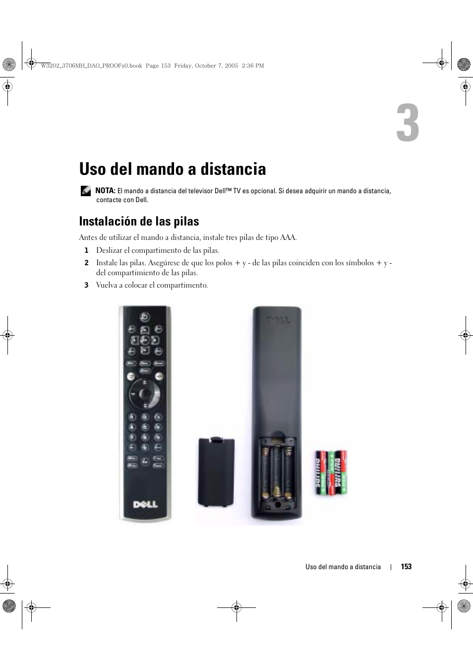 Uso del mando a distancia, Instalación de las pilas, 3 uso del mando a distancia | Dell LCD TV W3706MH User Manual | Page 153 / 204