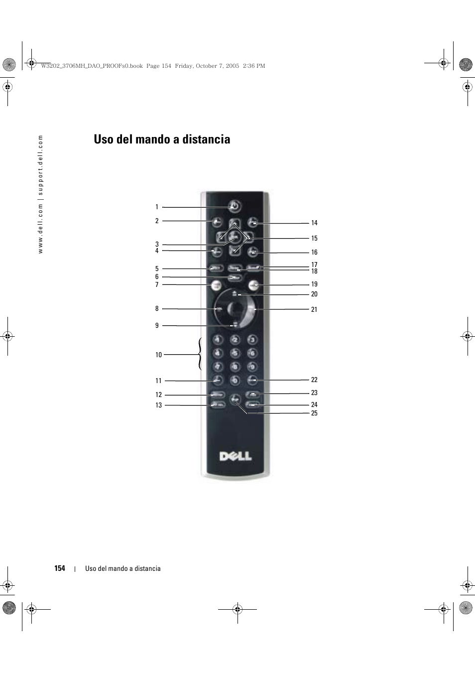 Uso del mando a distancia | Dell LCD TV W3706MH User Manual | Page 154 / 204
