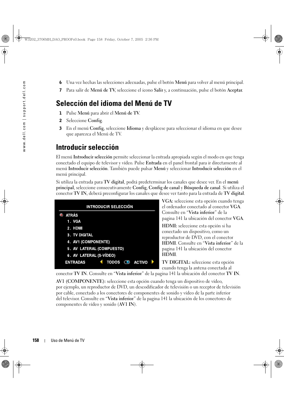 Selección del idioma del menú de tv, Introducir selección | Dell LCD TV W3706MH User Manual | Page 158 / 204