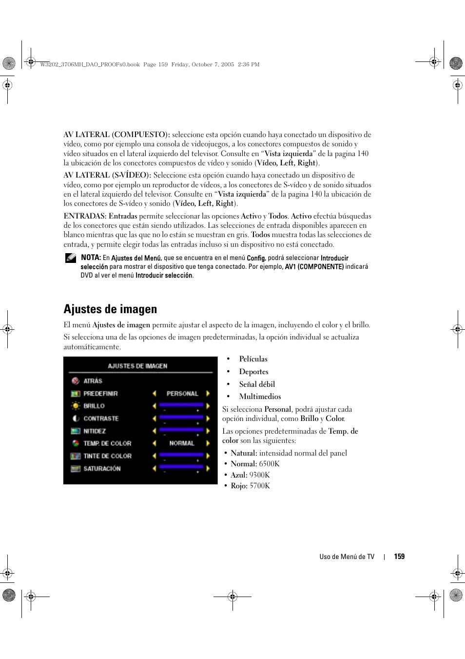 Ajustes de imagen | Dell LCD TV W3706MH User Manual | Page 159 / 204