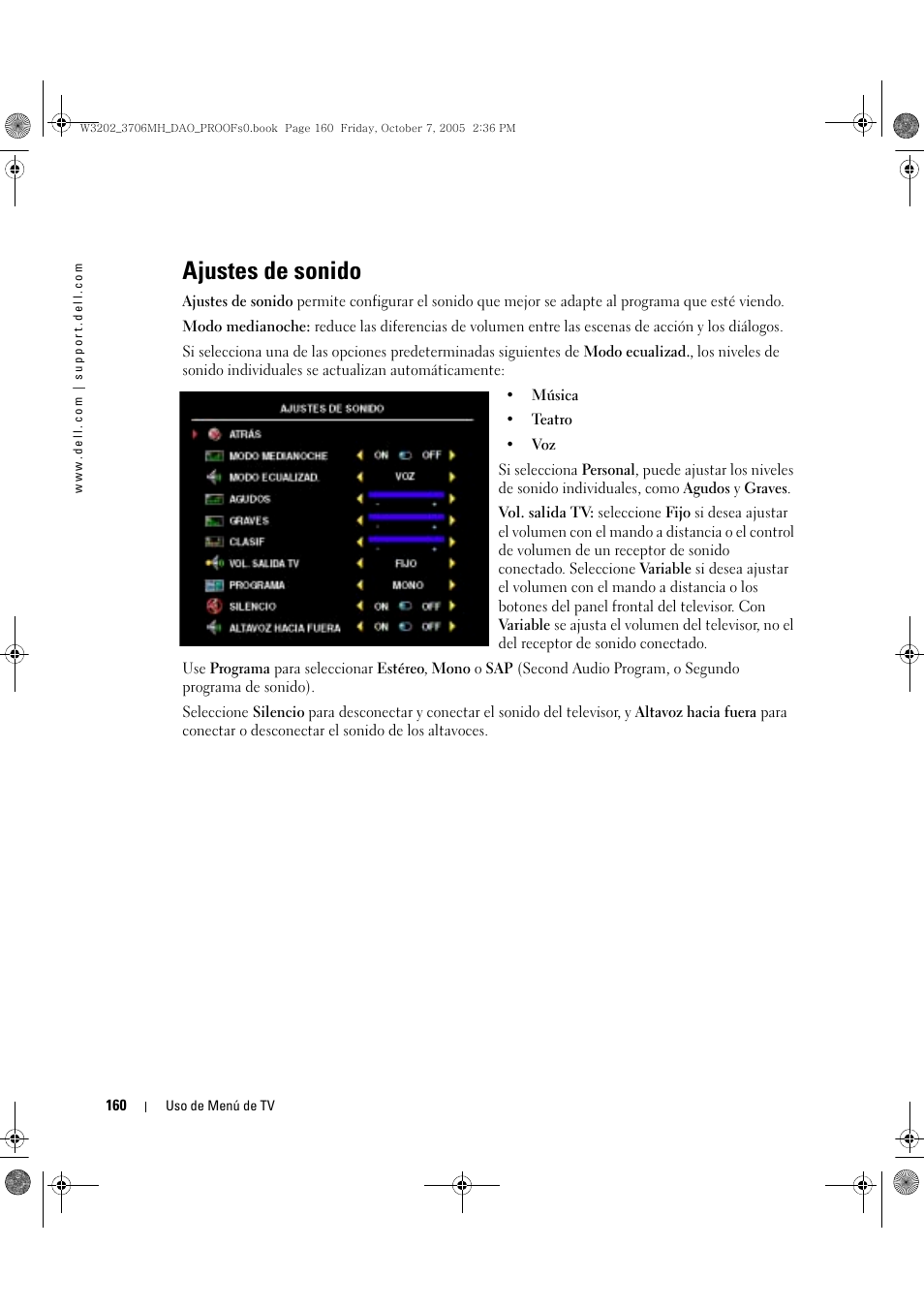 Ajustes de sonido | Dell LCD TV W3706MH User Manual | Page 160 / 204