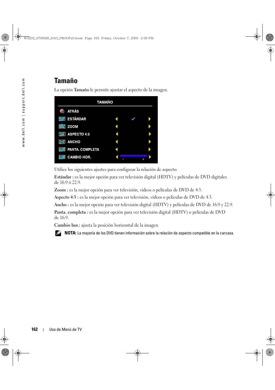 Tamaño | Dell LCD TV W3706MH User Manual | Page 162 / 204
