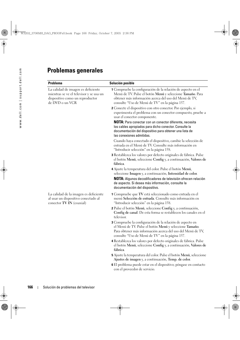 Problemas generales | Dell LCD TV W3706MH User Manual | Page 166 / 204