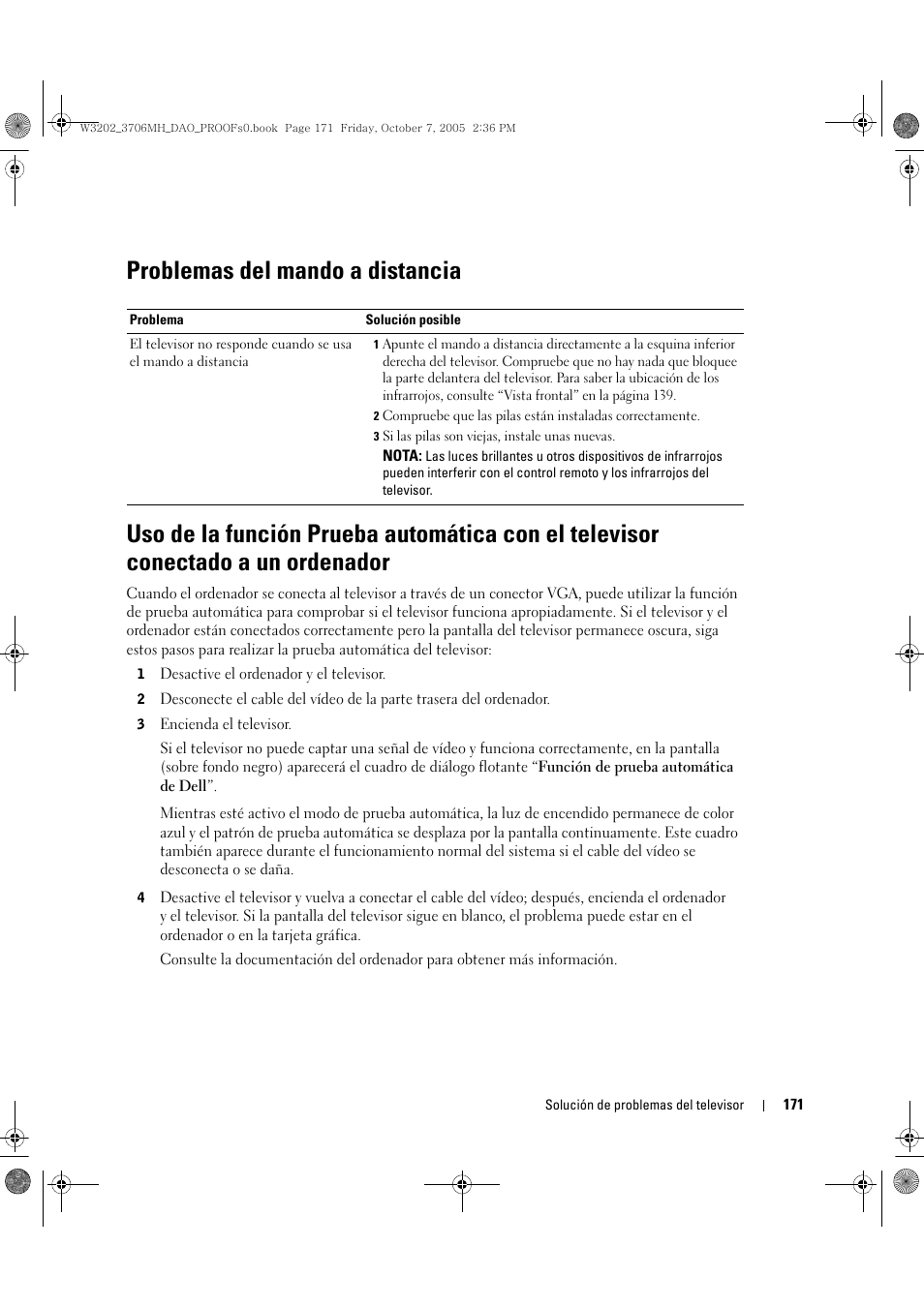 Problemas del mando a distancia | Dell LCD TV W3706MH User Manual | Page 171 / 204