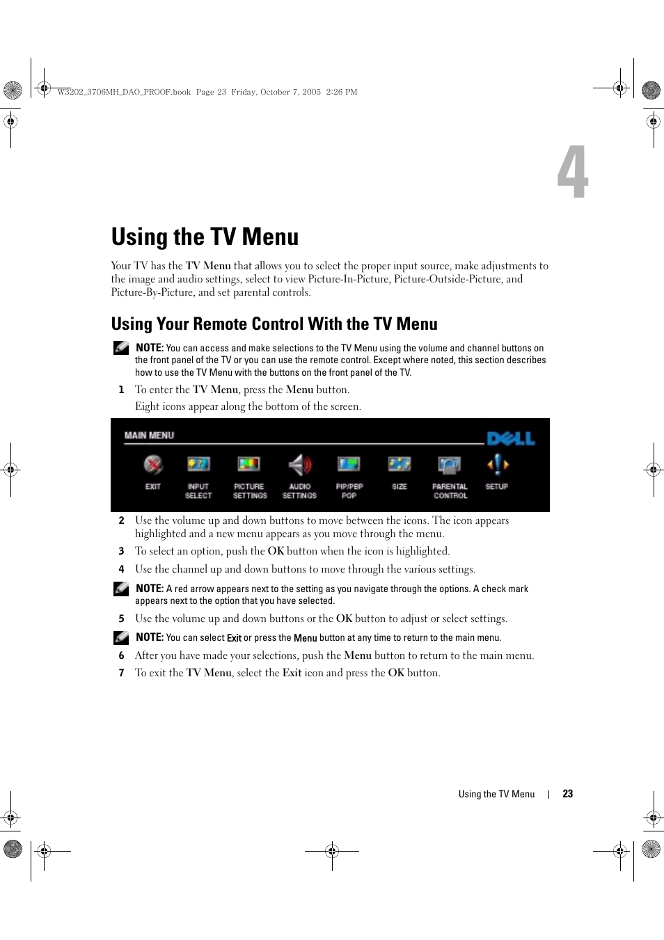 Using the tv menu, Using your remote control with the tv menu, 4 using the tv menu | Dell LCD TV W3706MH User Manual | Page 23 / 204