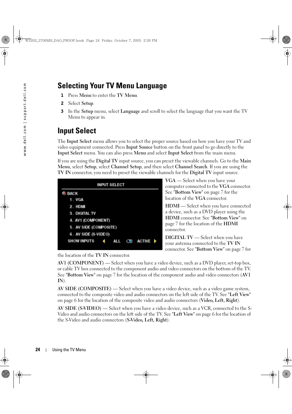 Selecting your tv menu language, Input select | Dell LCD TV W3706MH User Manual | Page 24 / 204