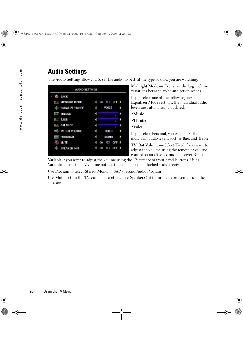 Audio settings | Dell LCD TV W3706MH User Manual | Page 26 / 204