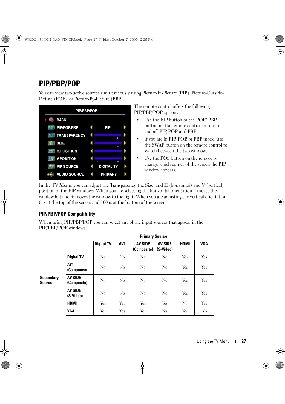 Pip/pbp/pop | Dell LCD TV W3706MH User Manual | Page 27 / 204