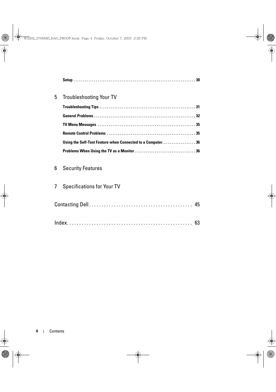 5 troubleshooting your tv | Dell LCD TV W3706MH User Manual | Page 4 / 204