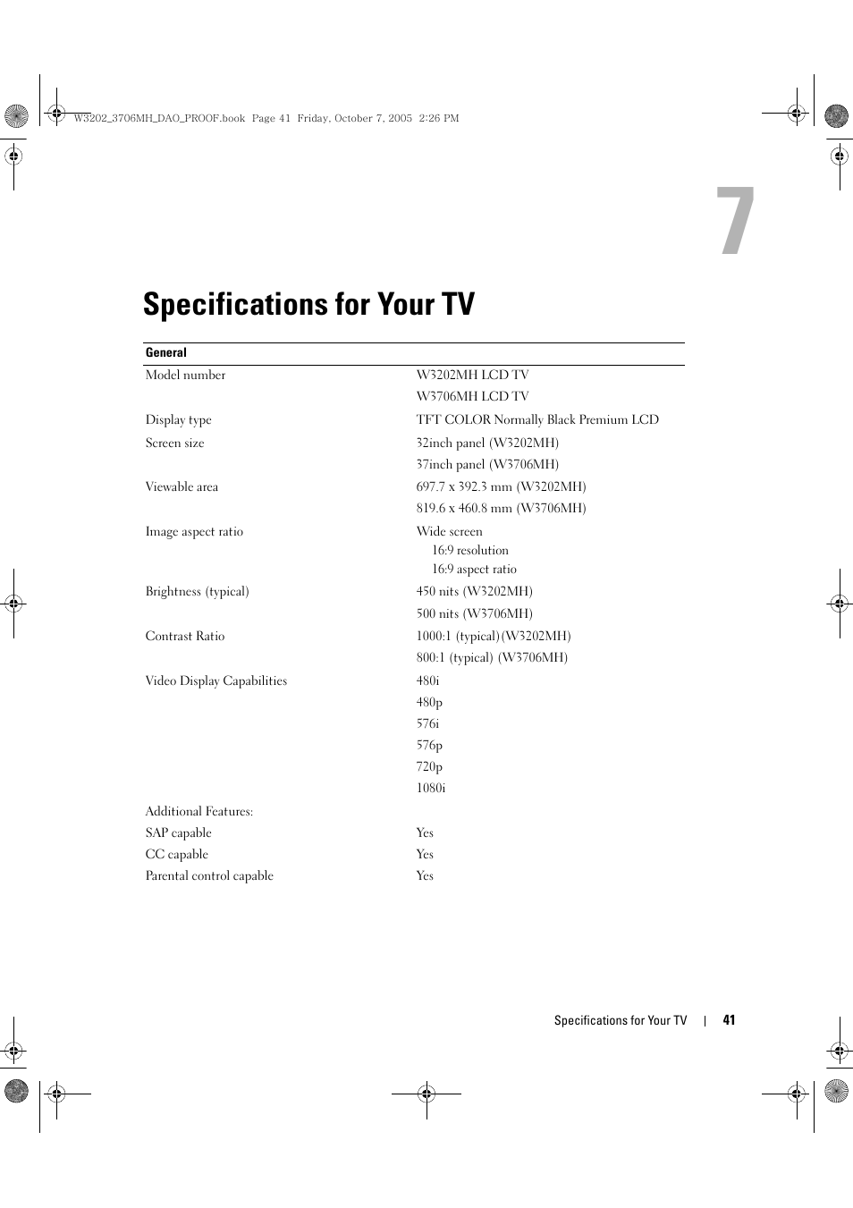 Specifications for your tv, 7 specifications for your tv | Dell LCD TV W3706MH User Manual | Page 41 / 204