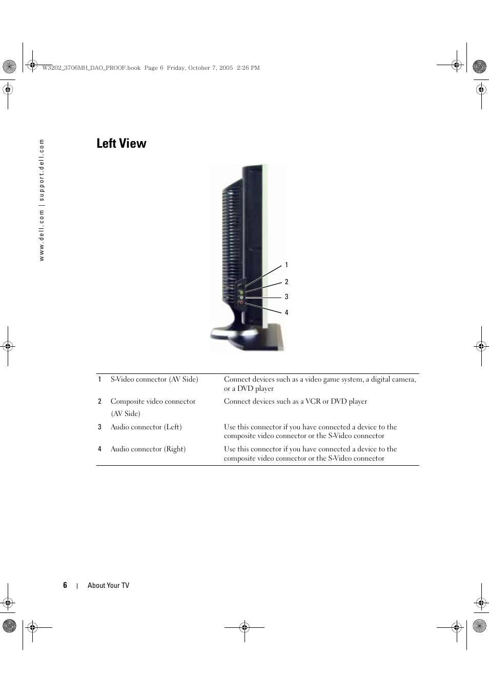 Left view | Dell LCD TV W3706MH User Manual | Page 6 / 204