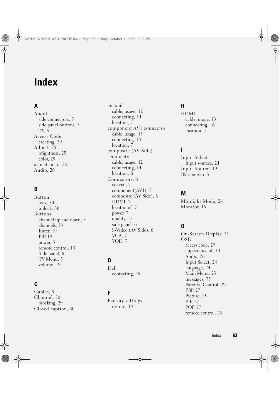 Index | Dell LCD TV W3706MH User Manual | Page 63 / 204