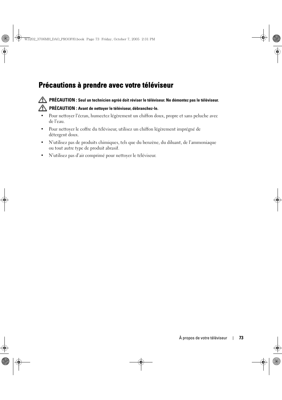 Précautions à prendre avec votre téléviseur | Dell LCD TV W3706MH User Manual | Page 73 / 204