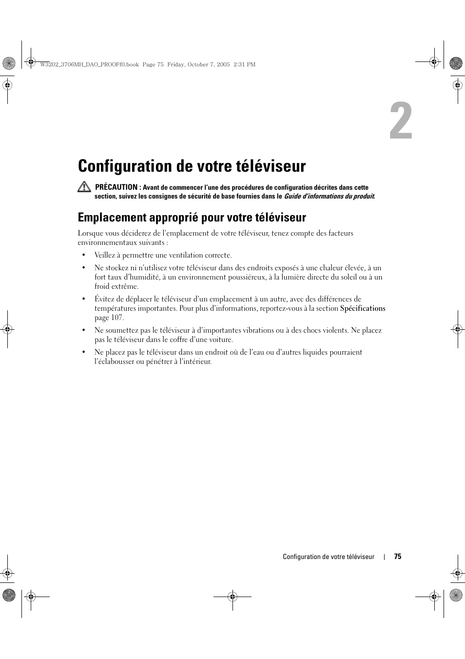 Configuration de votre téléviseur, Emplacement approprié pour votre téléviseur, 2 configuration de votre téléviseur | Dell LCD TV W3706MH User Manual | Page 75 / 204