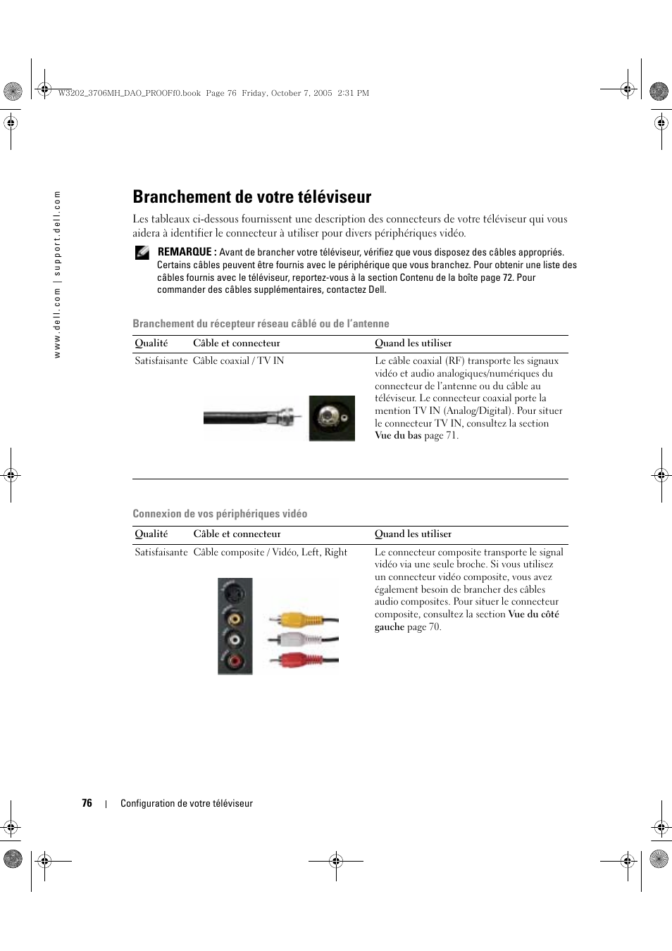 Branchement de votre téléviseur | Dell LCD TV W3706MH User Manual | Page 76 / 204