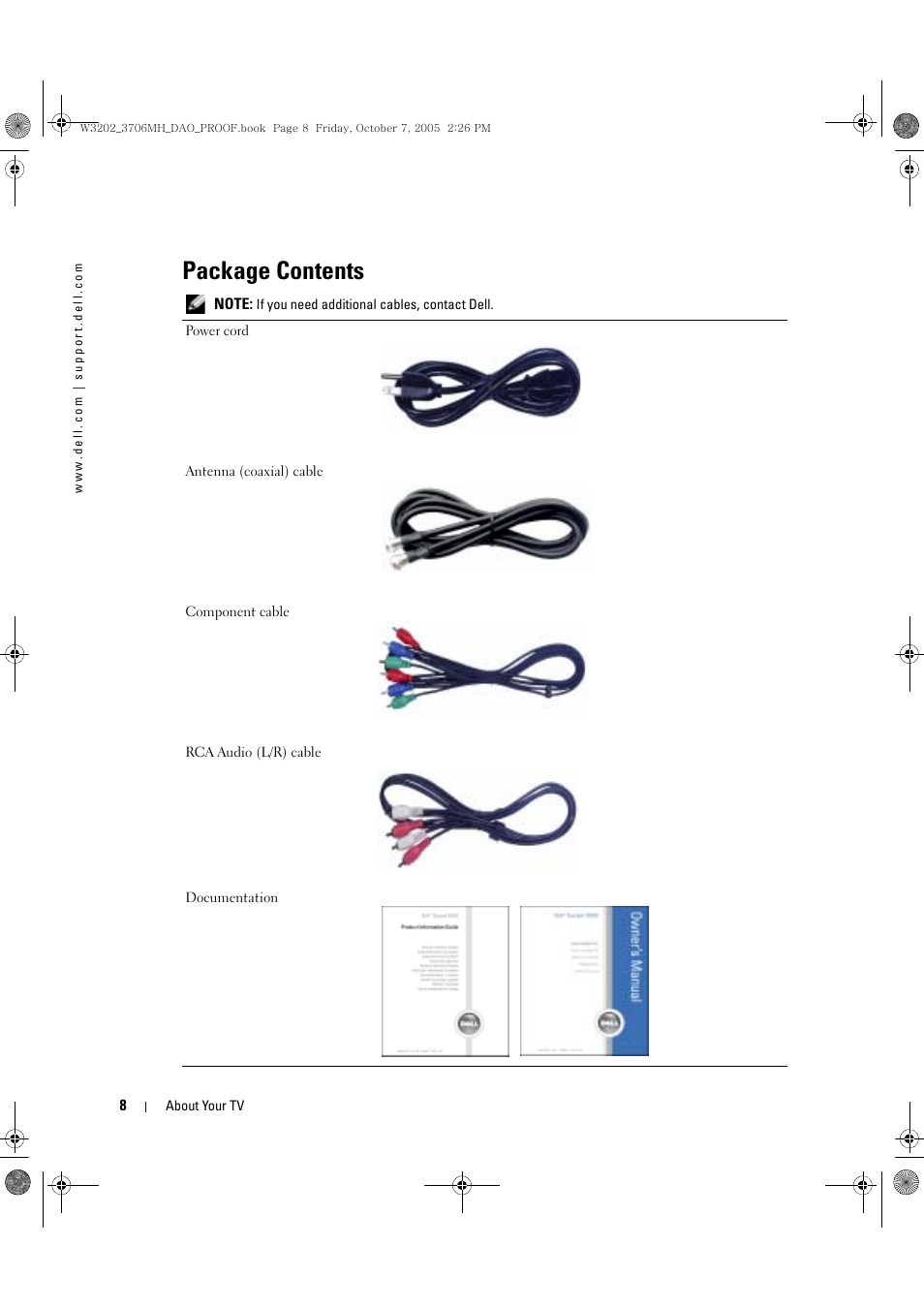 Package contents | Dell LCD TV W3706MH User Manual | Page 8 / 204