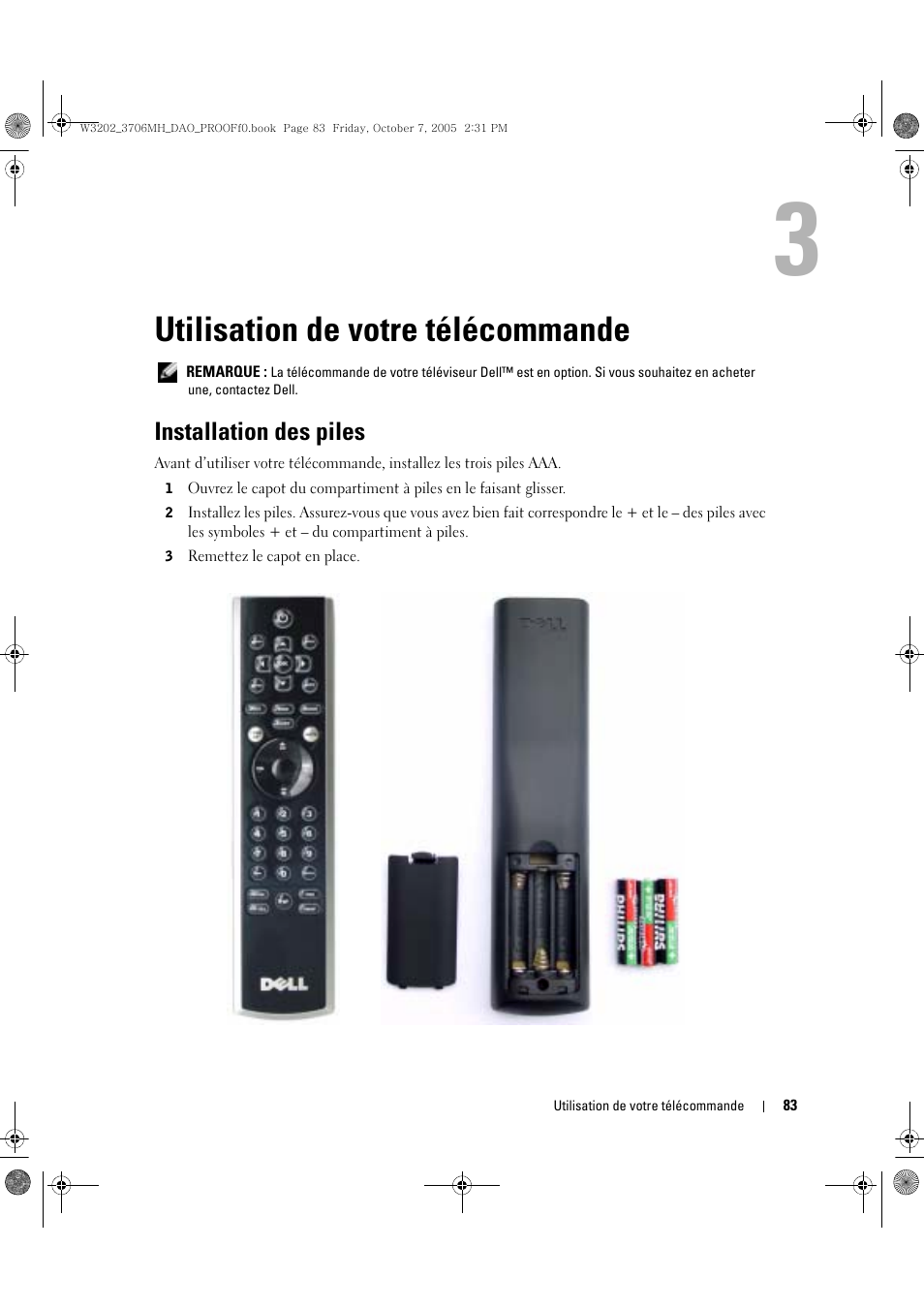 Utilisation de votre télécommande, Installation des piles, 3 utilisation de votre télécommande | Dell LCD TV W3706MH User Manual | Page 83 / 204