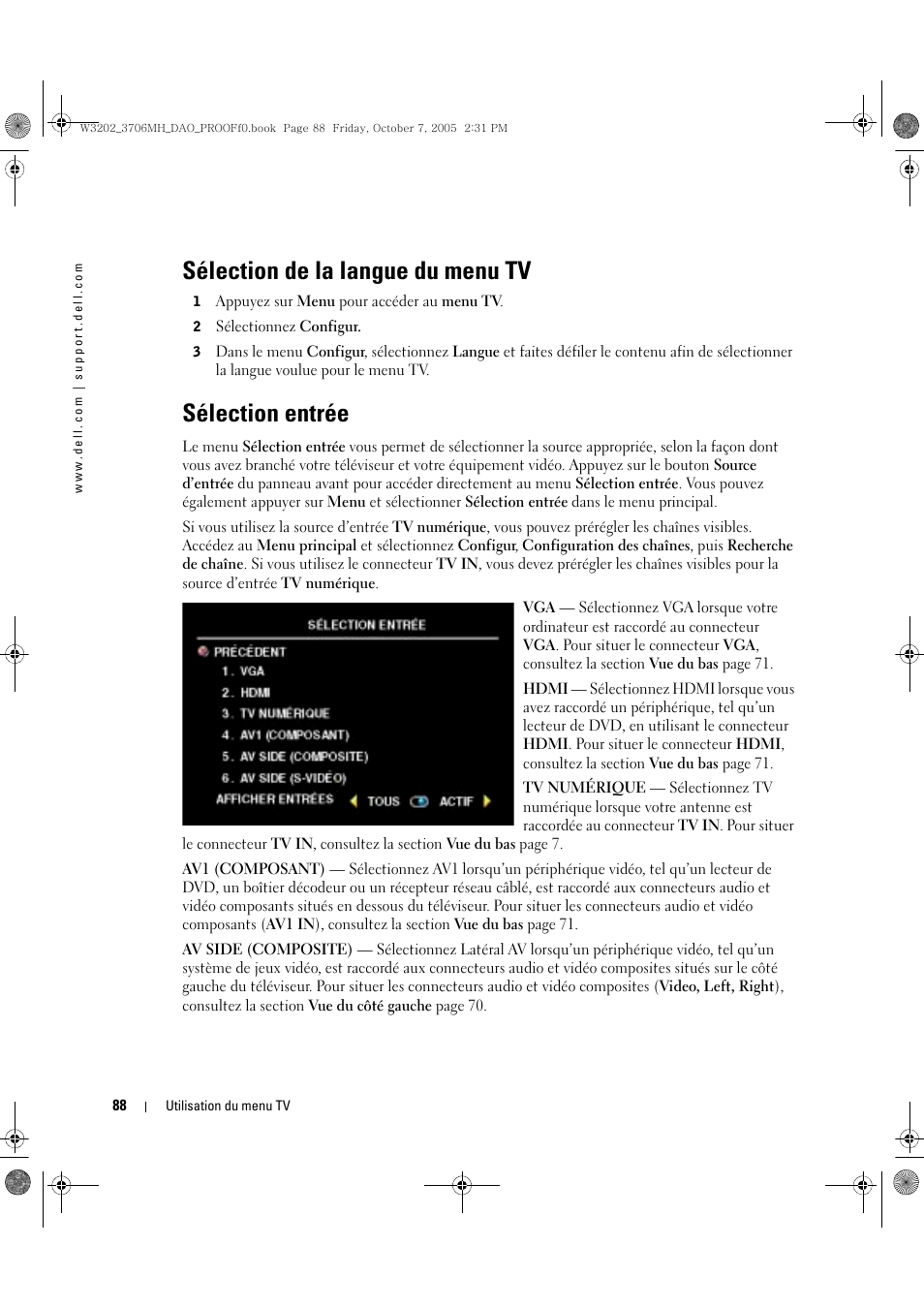 Sélection de la langue du menu tv, Sélection entrée | Dell LCD TV W3706MH User Manual | Page 88 / 204