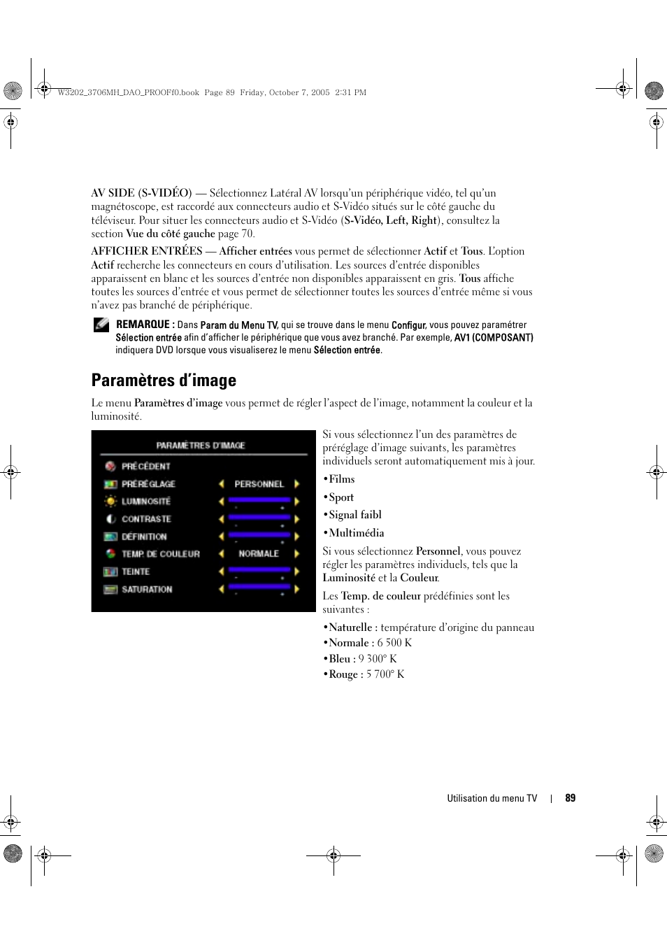 Paramètres d’image | Dell LCD TV W3706MH User Manual | Page 89 / 204