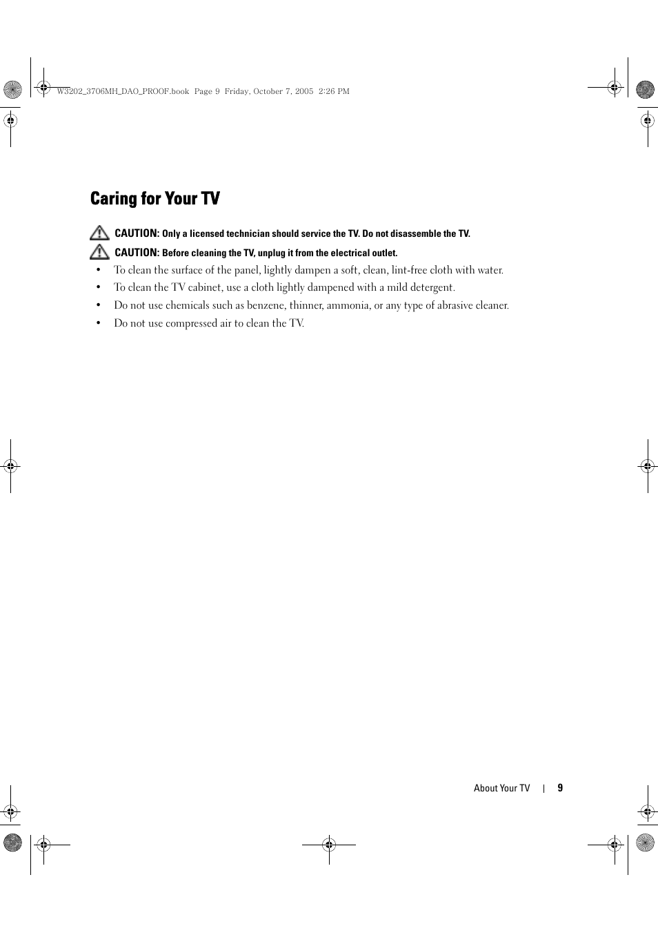 Caring for your tv | Dell LCD TV W3706MH User Manual | Page 9 / 204