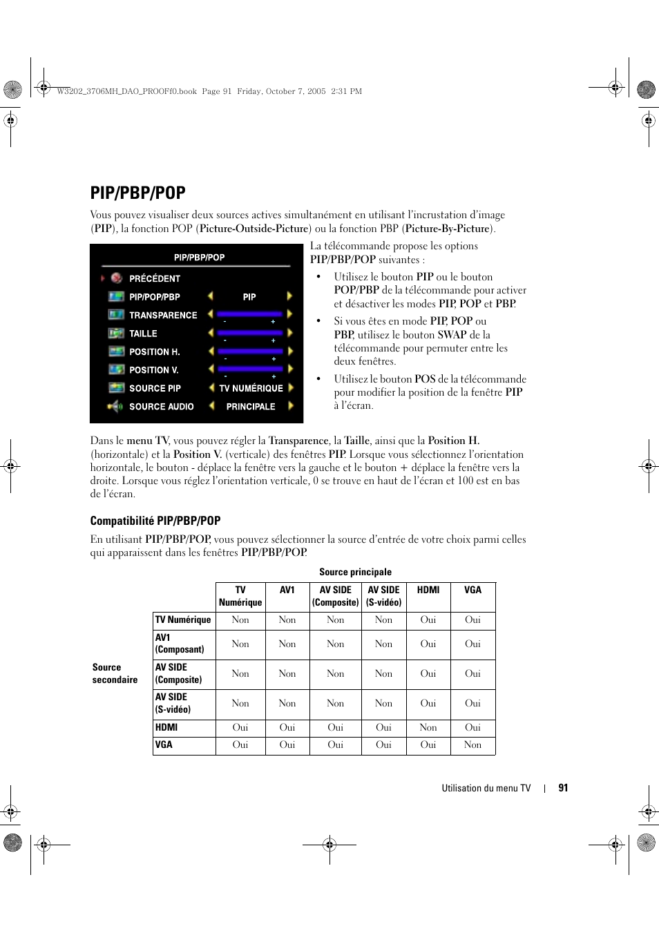 Pip/pbp/pop | Dell LCD TV W3706MH User Manual | Page 91 / 204