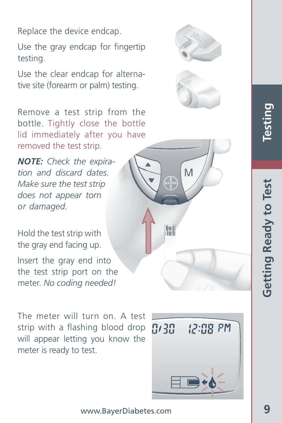 Testing 9, Getting ready to t est | Bayer HealthCare CONTOUR Blood Glucose Meter and Ascensia CONTOURTM Test Strips User Manual | Page 11 / 43