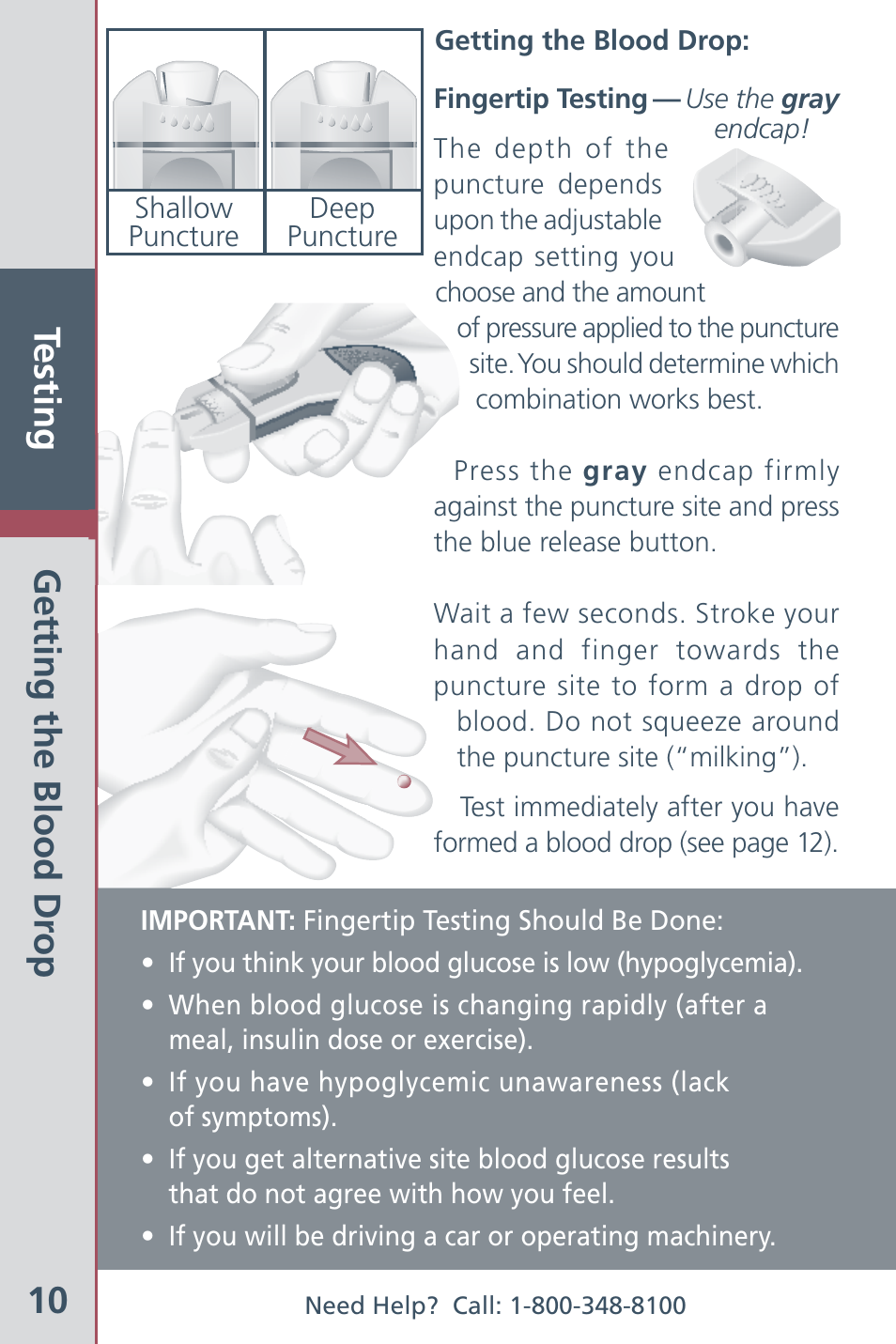 Testing 10, Getting the blood dr op | Bayer HealthCare CONTOUR Blood Glucose Meter and Ascensia CONTOURTM Test Strips User Manual | Page 12 / 43