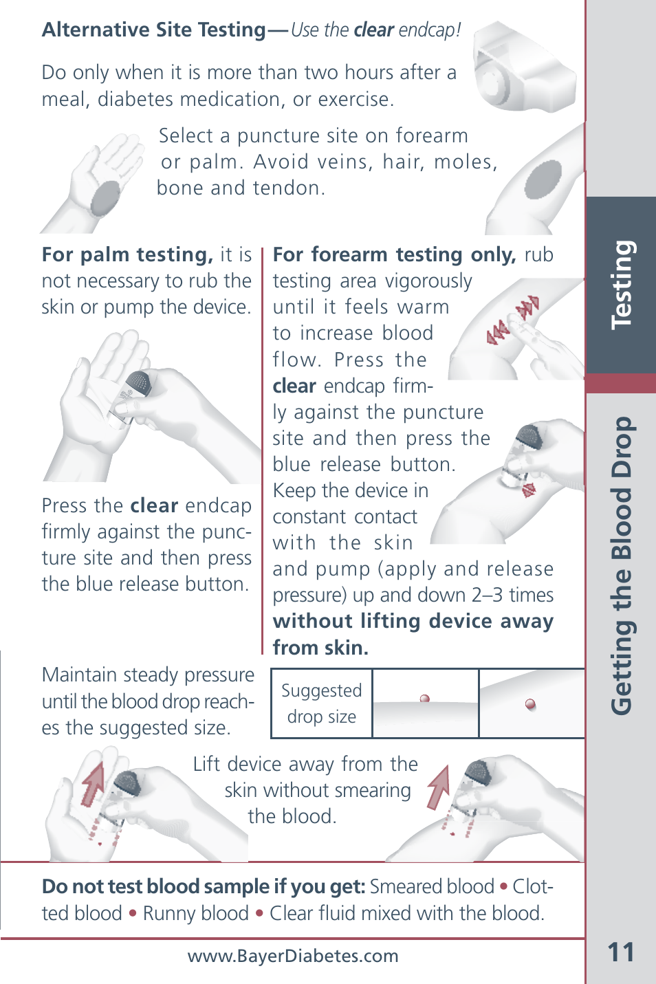 Testing 11, Getting the blood dr op | Bayer HealthCare CONTOUR Blood Glucose Meter and Ascensia CONTOURTM Test Strips User Manual | Page 13 / 43