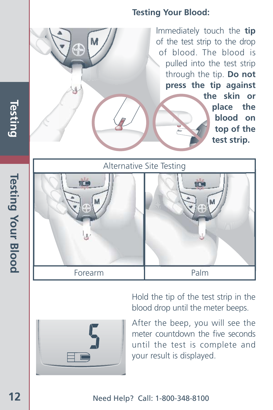 Testing 12, Testing y our blood | Bayer HealthCare CONTOUR Blood Glucose Meter and Ascensia CONTOURTM Test Strips User Manual | Page 14 / 43