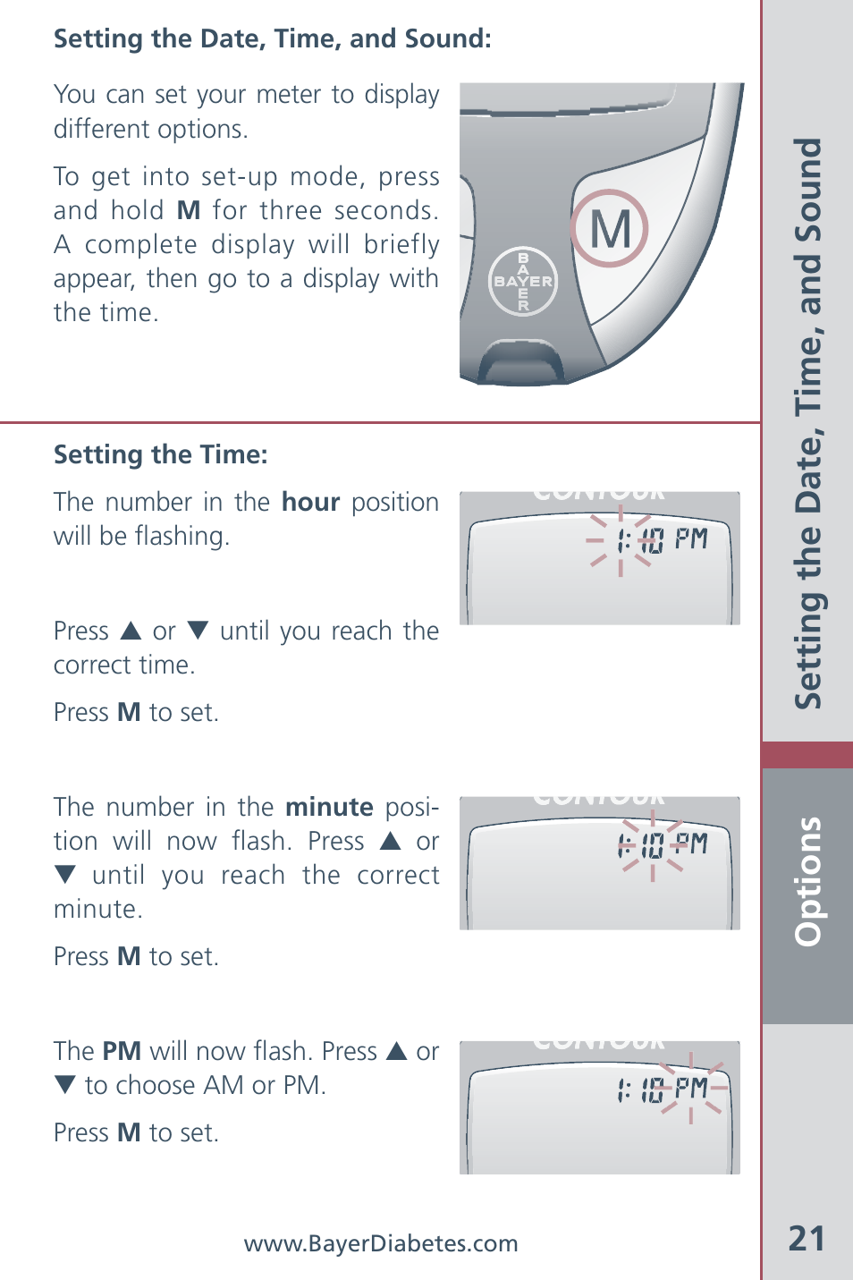 Options 21, Setting the date, time, and sound | Bayer HealthCare CONTOUR Blood Glucose Meter and Ascensia CONTOURTM Test Strips User Manual | Page 23 / 43