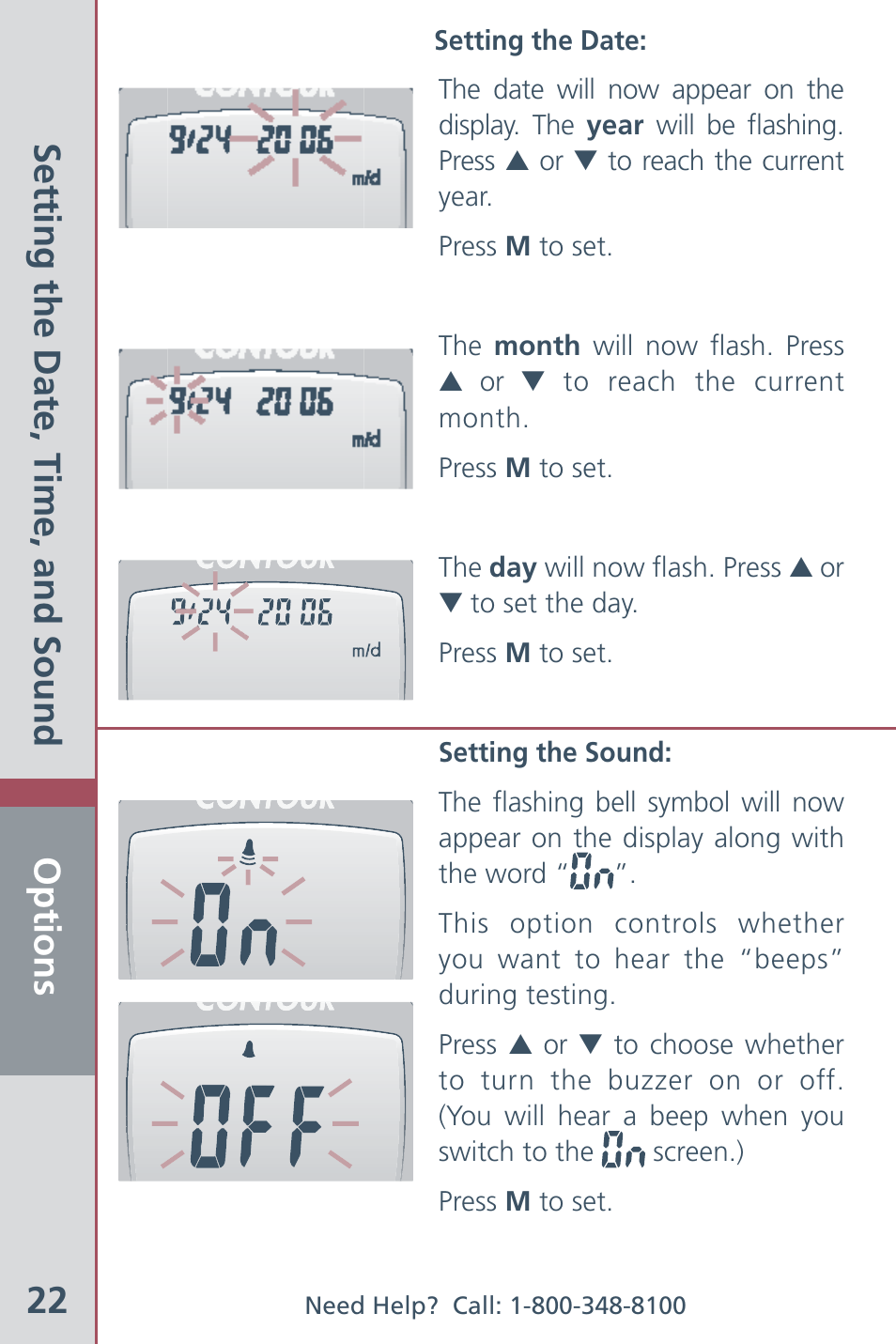 Options 22, Setting the date, time, and sound | Bayer HealthCare CONTOUR Blood Glucose Meter and Ascensia CONTOURTM Test Strips User Manual | Page 24 / 43