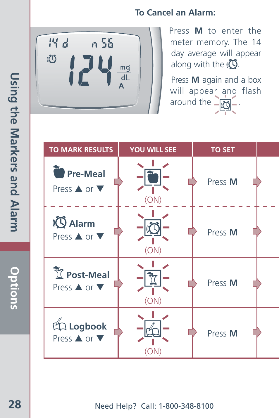 Options 28, Using the markers and alarm | Bayer HealthCare CONTOUR Blood Glucose Meter and Ascensia CONTOURTM Test Strips User Manual | Page 30 / 43