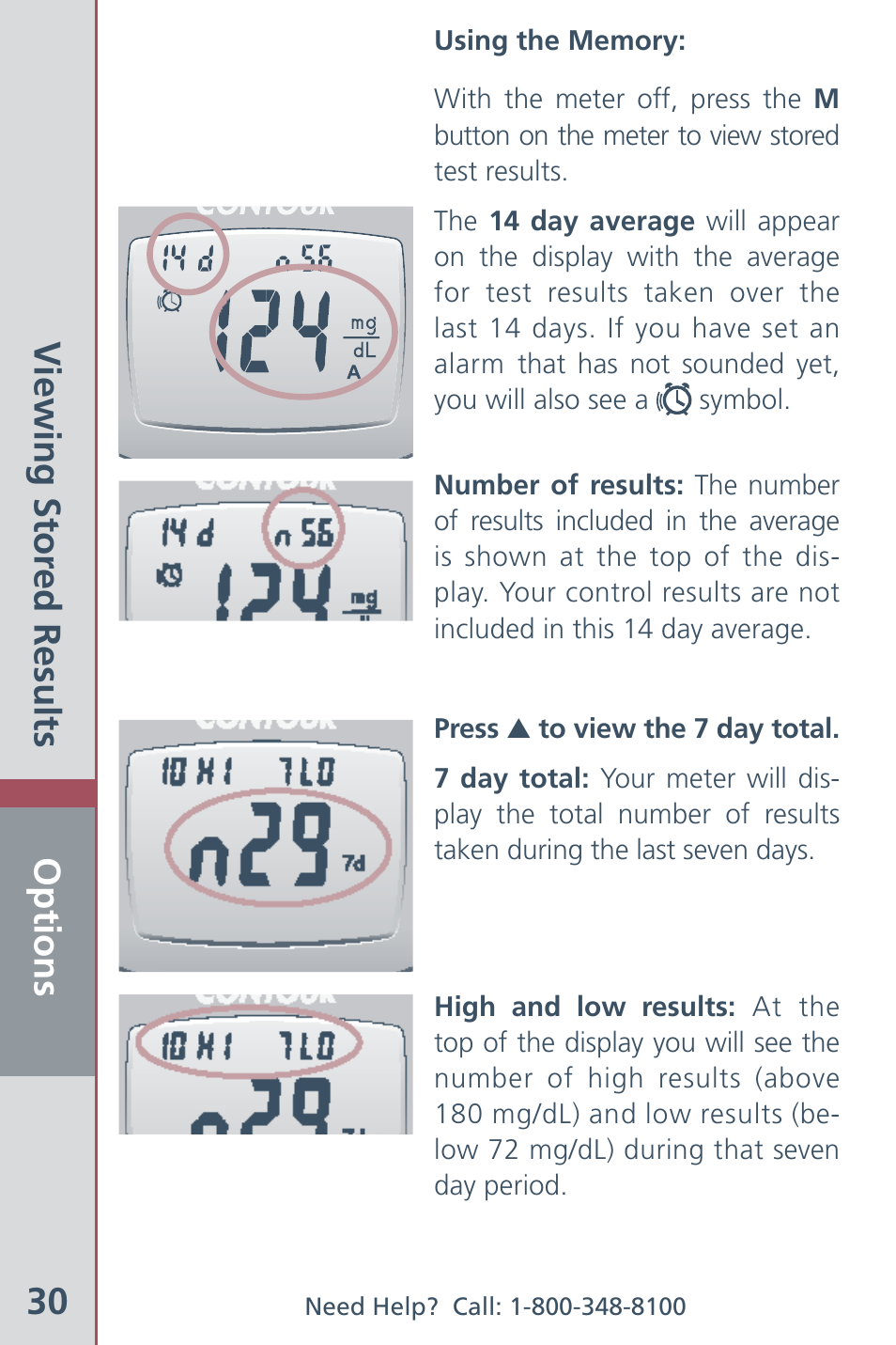 Options 30, Viewing stor ed results | Bayer HealthCare CONTOUR Blood Glucose Meter and Ascensia CONTOURTM Test Strips User Manual | Page 32 / 43