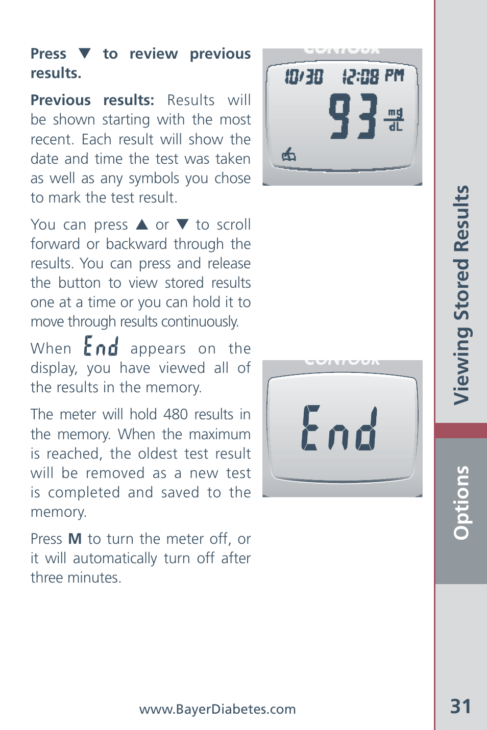 Options 31, Viewing stor ed results | Bayer HealthCare CONTOUR Blood Glucose Meter and Ascensia CONTOURTM Test Strips User Manual | Page 33 / 43