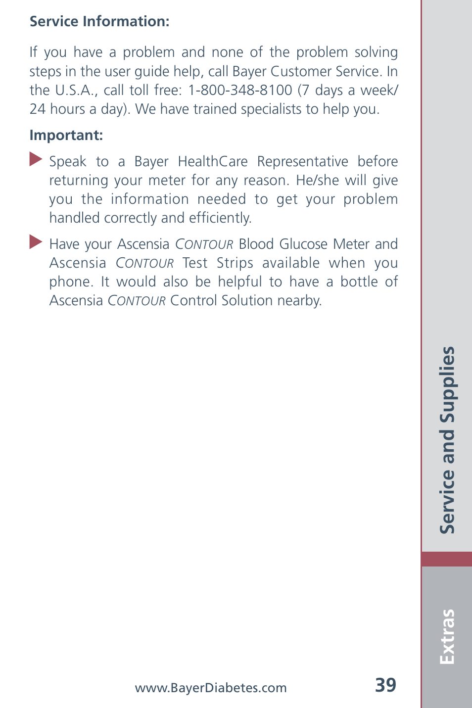 Extras 39, Service and supplies | Bayer HealthCare CONTOUR Blood Glucose Meter and Ascensia CONTOURTM Test Strips User Manual | Page 41 / 43