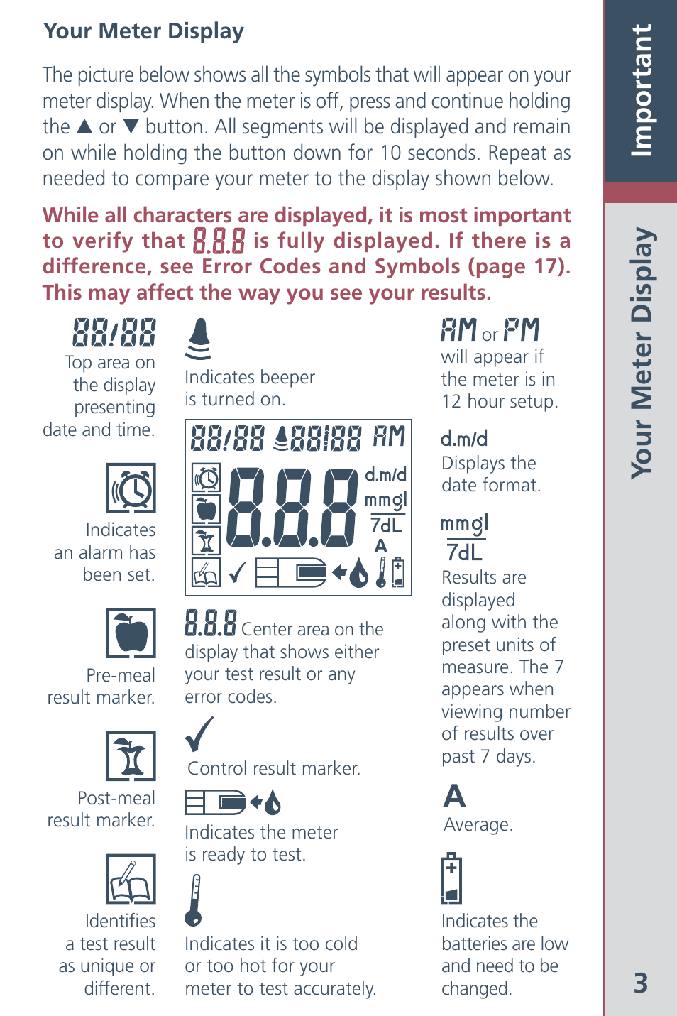 3important, Your meter display | Bayer HealthCare CONTOUR Blood Glucose Meter and Ascensia CONTOURTM Test Strips User Manual | Page 5 / 43