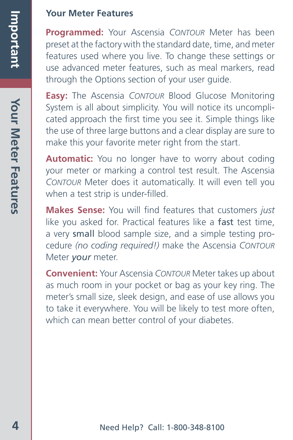 4important, Important your meter featur es | Bayer HealthCare CONTOUR Blood Glucose Meter and Ascensia CONTOURTM Test Strips User Manual | Page 6 / 43