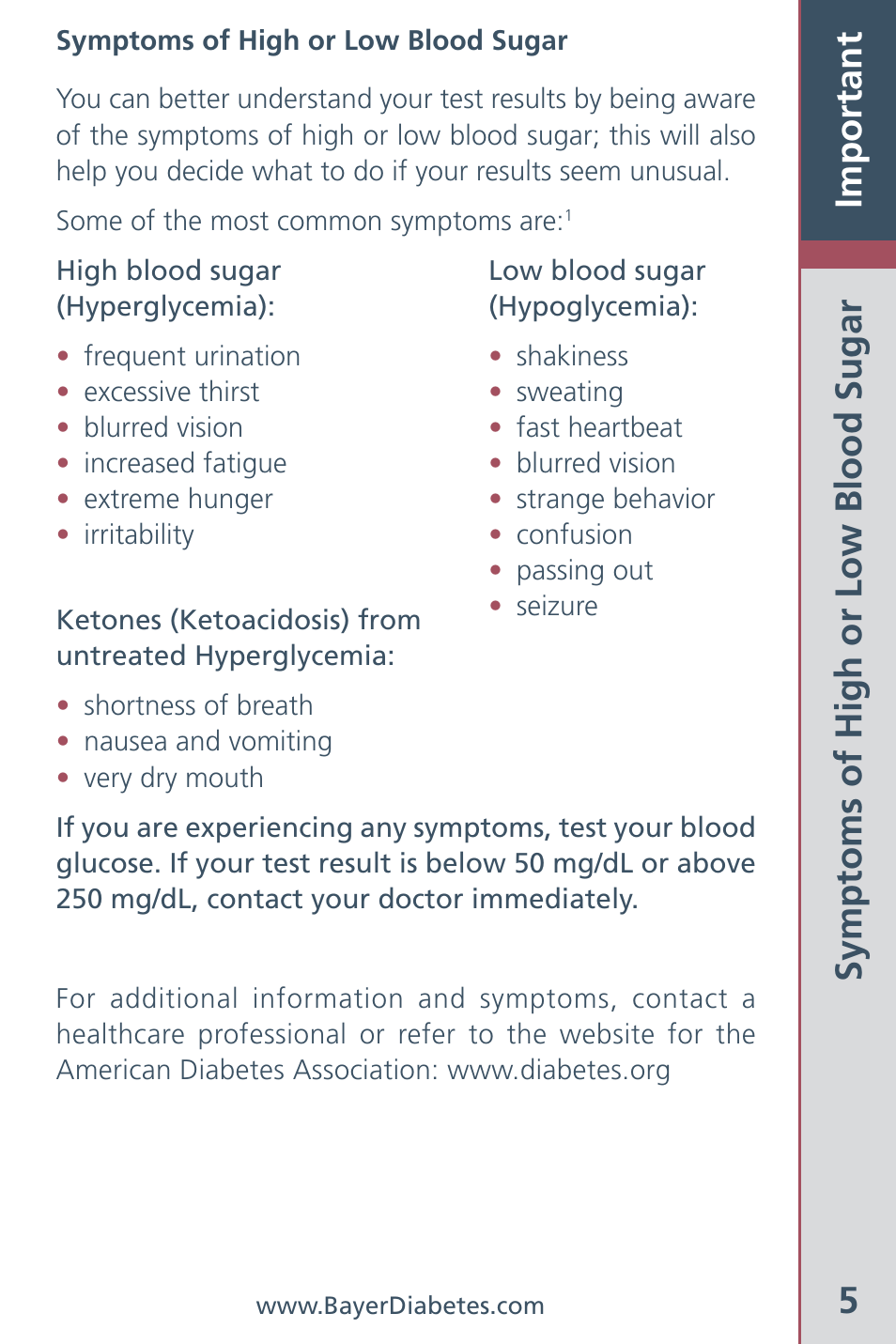 5important, Symptoms of high or low blood sugar | Bayer HealthCare CONTOUR Blood Glucose Meter and Ascensia CONTOURTM Test Strips User Manual | Page 7 / 43