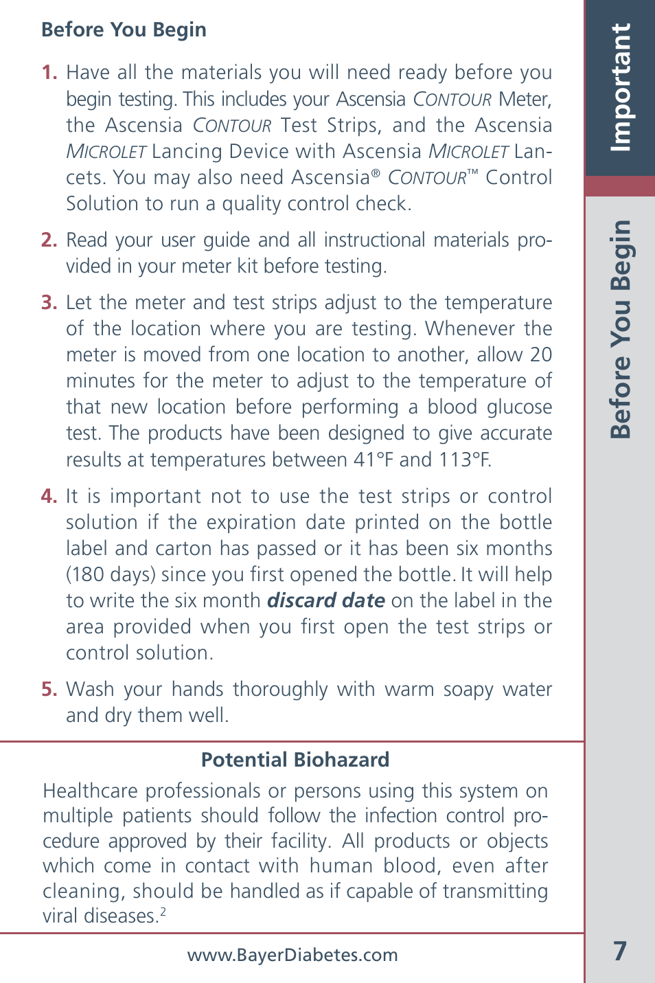 7important, Befor e y ou begin | Bayer HealthCare CONTOUR Blood Glucose Meter and Ascensia CONTOURTM Test Strips User Manual | Page 9 / 43