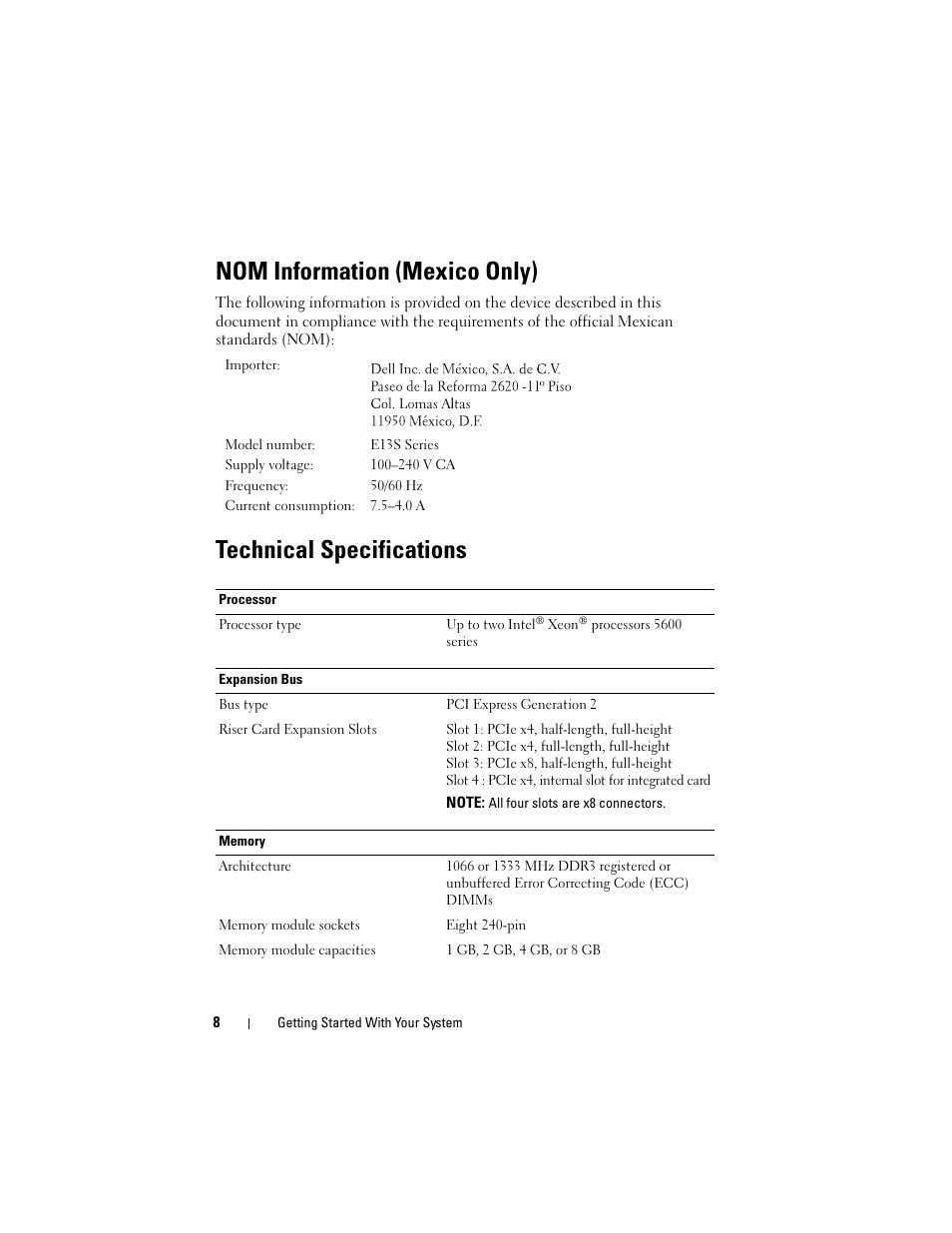 Nom information (mexico only), Technical specifications | Dell PowerVault DL2200 User Manual | Page 10 / 124