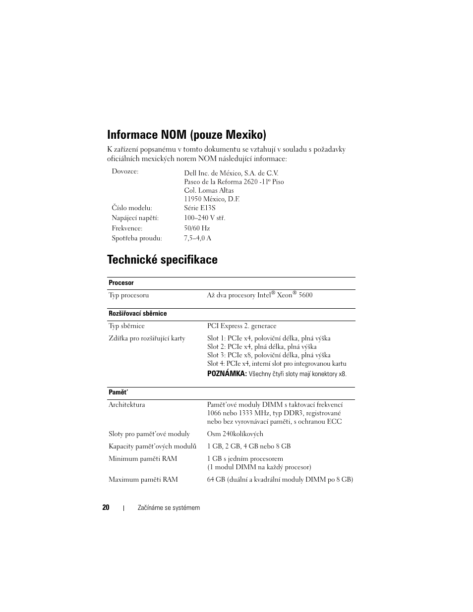 Informace nom (pouze mexiko), Technické specifikace | Dell PowerVault DL2200 User Manual | Page 22 / 124