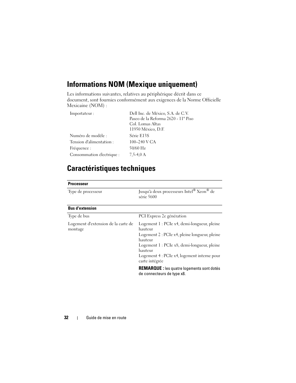 Informations nom (mexique uniquement), Caractéristiques techniques | Dell PowerVault DL2200 User Manual | Page 34 / 124