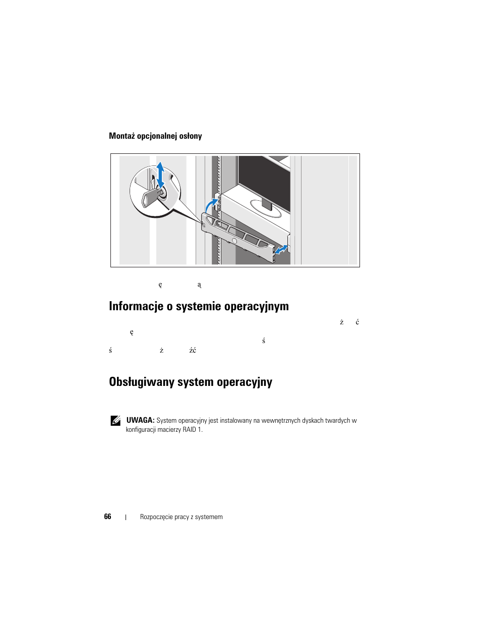 Montaż opcjonalnej osłony, Informacje o systemie operacyjnym, Obsługiwany system operacyjny | Dell PowerVault DL2200 User Manual | Page 68 / 124