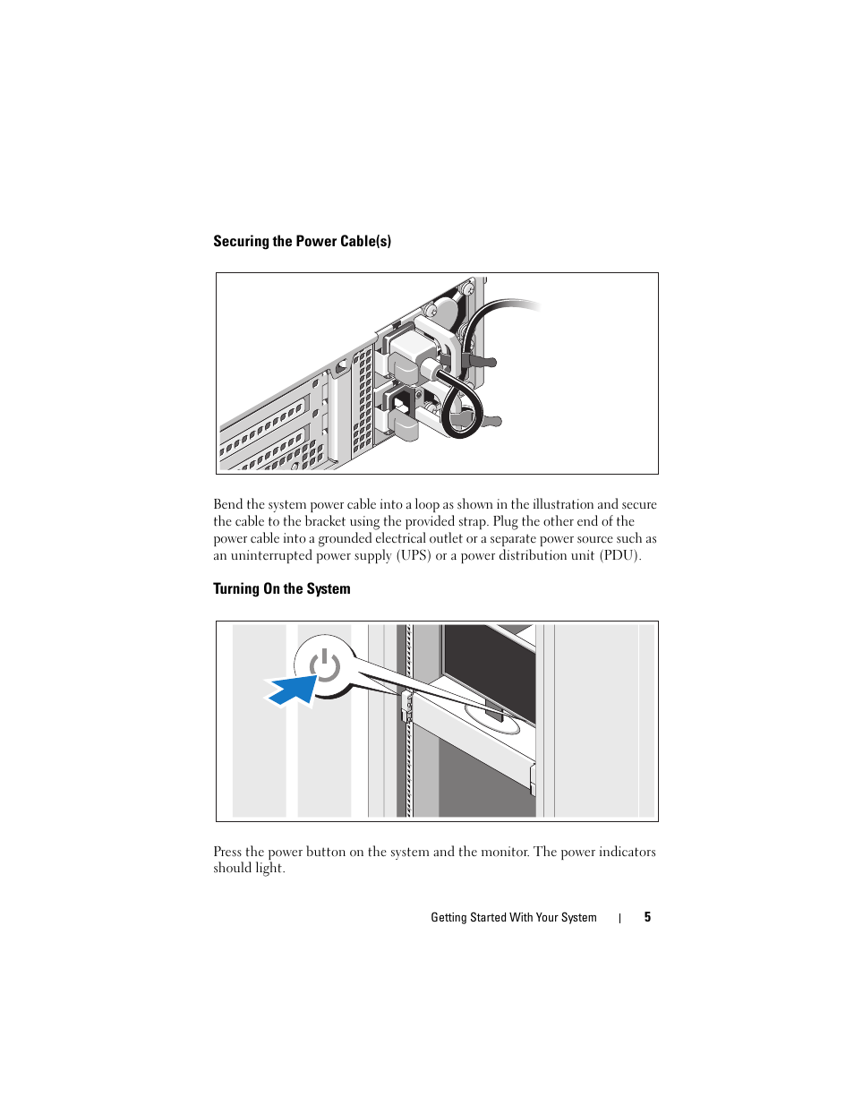 Securing the power cable(s), Turning on the system | Dell PowerVault DL2200 User Manual | Page 7 / 124