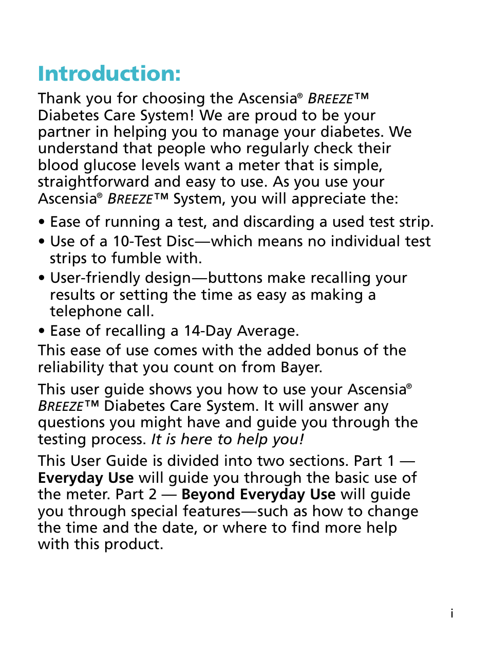 Introduction | Bayer HealthCare Ascensia BREEZE and Ascensia AUTODISCTM Unique 10-Test Disc User Manual | Page 2 / 55