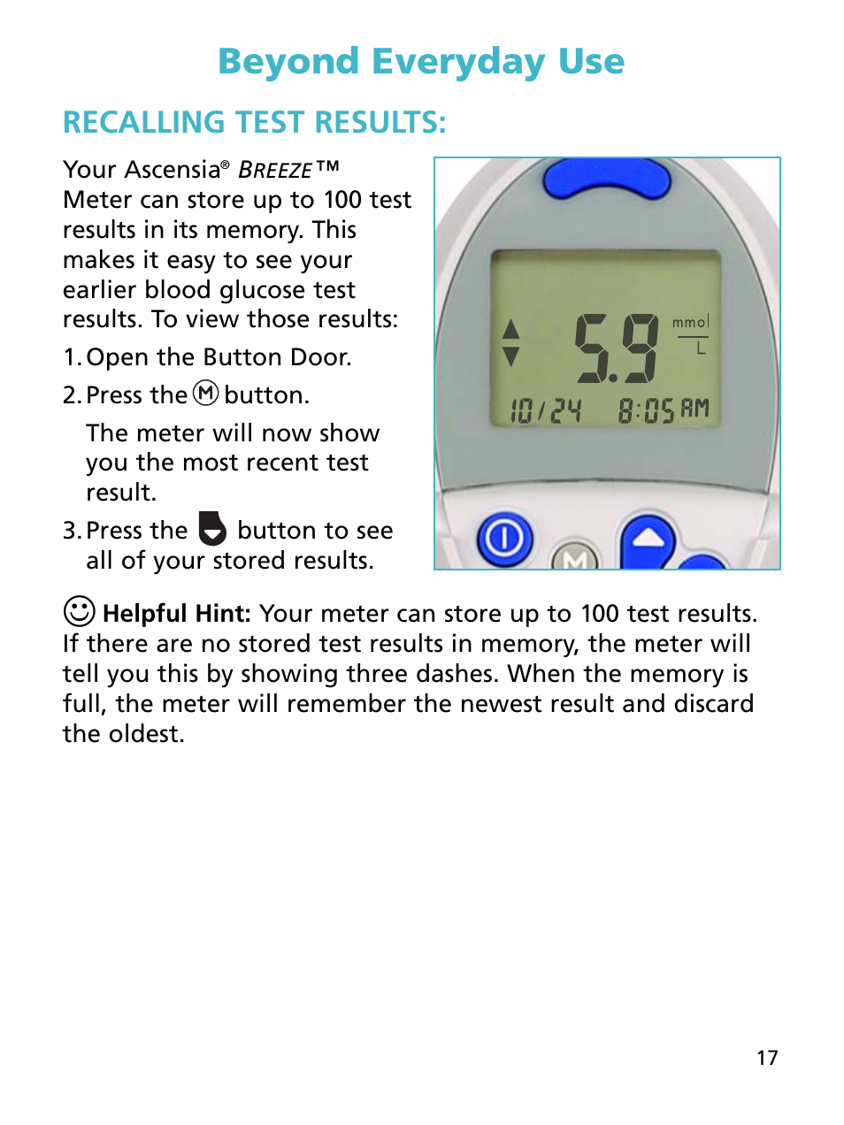 Beyond everyday use, Recalling test results | Bayer HealthCare Ascensia BREEZE and Ascensia AUTODISCTM Unique 10-Test Disc User Manual | Page 23 / 55